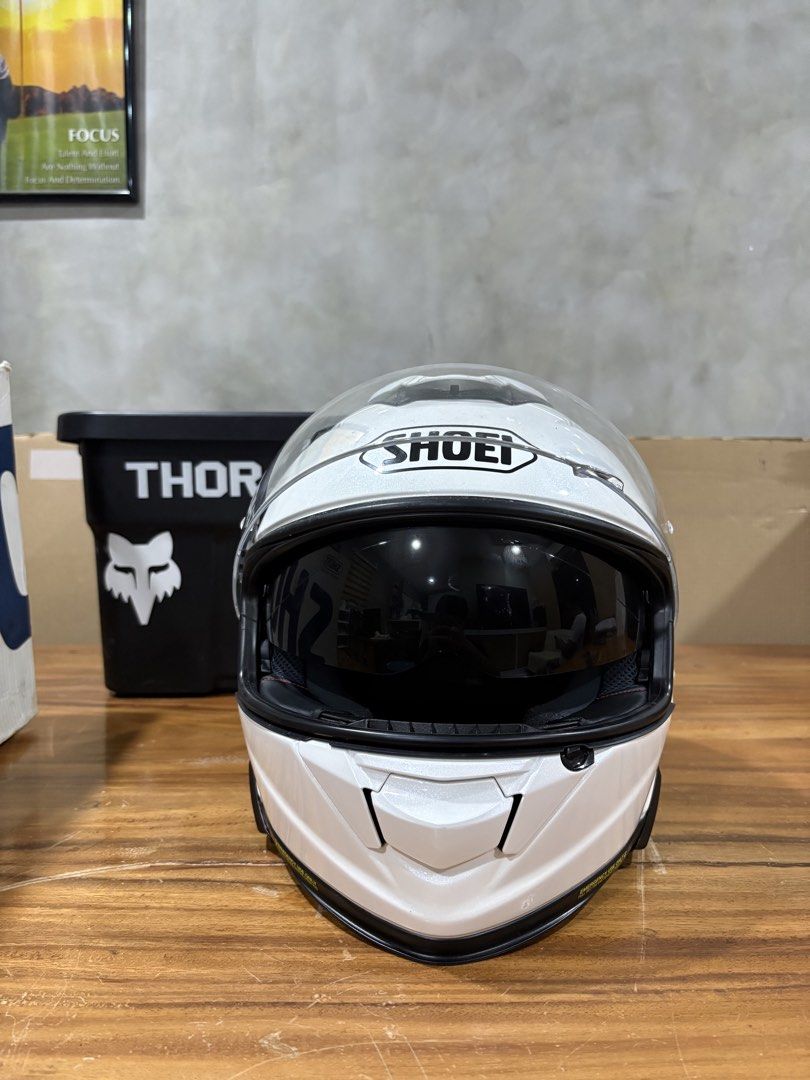 Shoei White Full Face Motorcycle Helmet with Box (Category: Caps & Hats) located in Valenzuela. Submitted by crvzthrift (Listing ID 1465201246, Image 2). Description: Item: Shoei GT-Air 2 Mono Helmet Color: Luminous White Size: XL (61-62cm) Type: Full-face helmet SRP: Php 36,500 Asking: 30000 negotiable Note: With box and bag (used once).