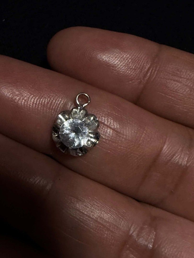 Silver Flower Crystal Pendant Charm (Category: Necklaces) located in Abucay. Submitted by thrifty.picked (Listing ID 1465358843, Image 1). Description: - Style: Silver-toned pendant with a round crystal in a flower setting - Size: Very tiny, fits easily on a fingertip - Versatility: Features a small top loop for necklace or bracelet chains .
