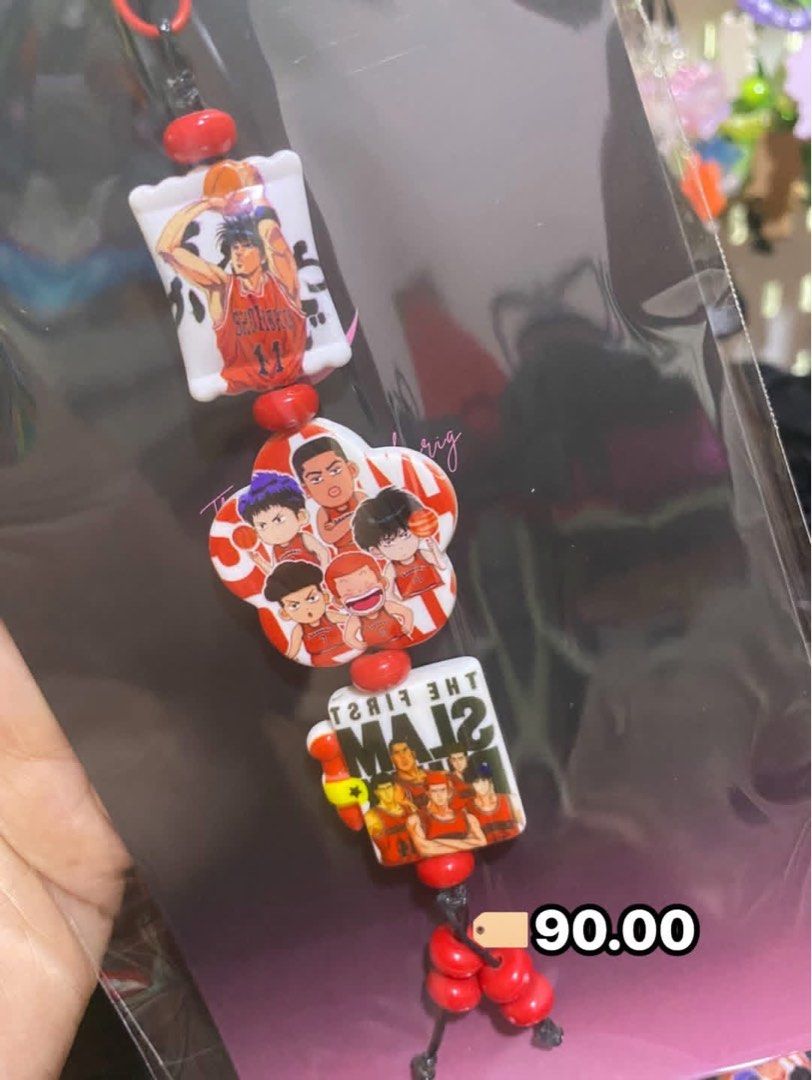 Slam Dunk and Pokémon beaded charms / lanyards (Category: Character Goods) located in Tanauan. Submitted by mariacraftcorner (Listing ID 1465306236, Image 3). Description: Handmade beaded charms featuring Slam Dunk characters and Pikachu with Bulbasaur. Red beads and red accents for the basketball sets, light green tones for the Pokémon set. Each piece comes sealed in original plastic packaging. Individual charms priced at 90.00 each, or grab the