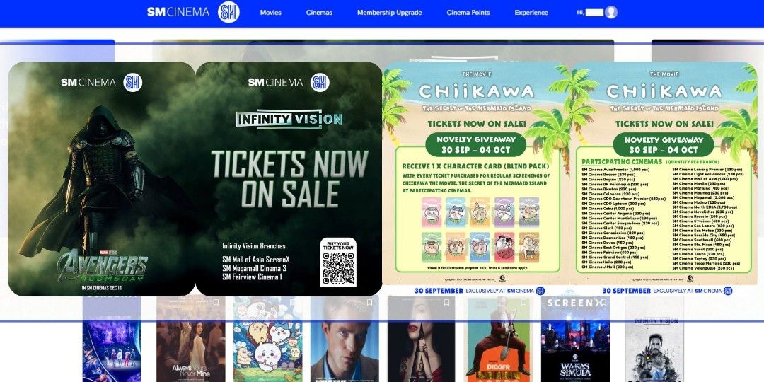 SM Cinema Ticket (Category: Events Tickets) located in Cavite. Submitted by kuji.x (Listing ID 1462053919, Image 3). Description: 🎬 SM CINEMA TICKETS — 30% OFF! Planning a movie night? 🍿 Get your SM Cinema tickets at 30% OFF! 🎟️ Available screens: • Regular Cinema • Director’s Club • ScreenX • IMAX 🍿 25% OFF also applies to selected food & drinks! 📌 Example: Regular Ticket — ₱400 30% OFF — ₱280 💰 You save ₱120! ✨ Advance booking available �