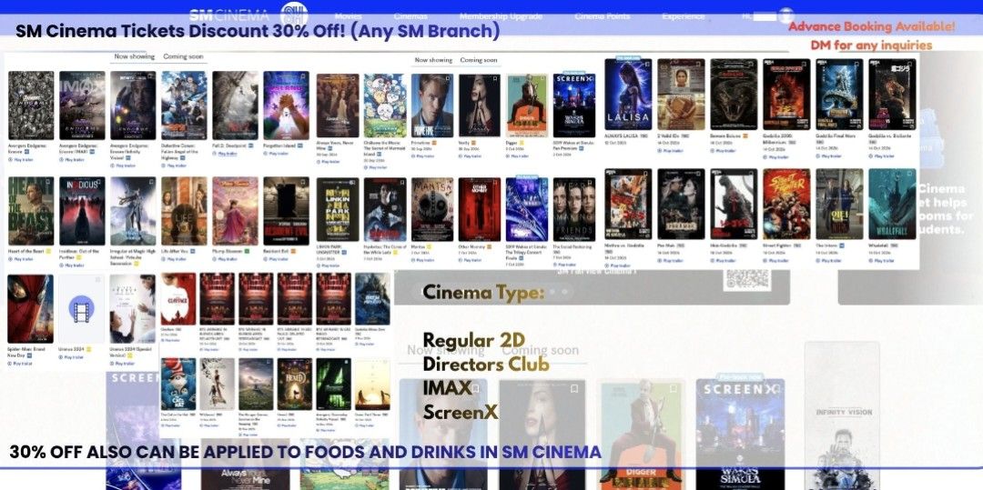 SM Cinema Ticket (Category: Events Tickets) located in Cavite. Submitted by kuji.x (Listing ID 1462053919, Image 1). Description: 🎬 SM CINEMA TICKETS — 30% OFF! Planning a movie night? 🍿 Get your SM Cinema tickets at 30% OFF! 🎟️ Available screens: • Regular Cinema • Director’s Club • ScreenX • IMAX 🍿 25% OFF also applies to selected food & drinks! 📌 Example: Regular Ticket — ₱400 30% OFF — ₱280 💰 You save ₱120! ✨ Advance booking available �