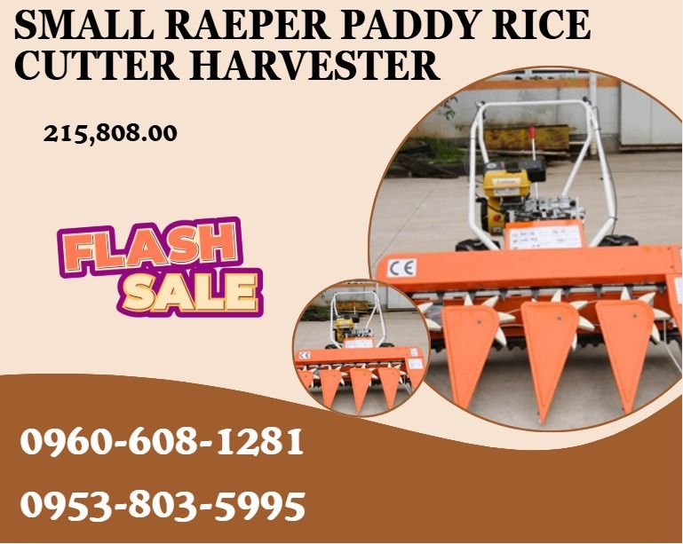 SMALL REAPER PADDY RICE CUTTER HARVESTER (Category: Industrial Equipment) located in Caloocan City. Submitted by boldhawk_09f8ee (Listing ID 1465216094, Image 1). Description: ●Size: 1850 * 1750 * 1060mm ●Weight: 180kg ●Transmission mode: belt plus transmission shaft ●Number of working rows: 4 ●Working width: 1200mm ●Cutting table type: vertical ●Supporting type: sprocket type ●Cutting height: ≥80mm ●Laying type: lateral strip laying ●Matching po