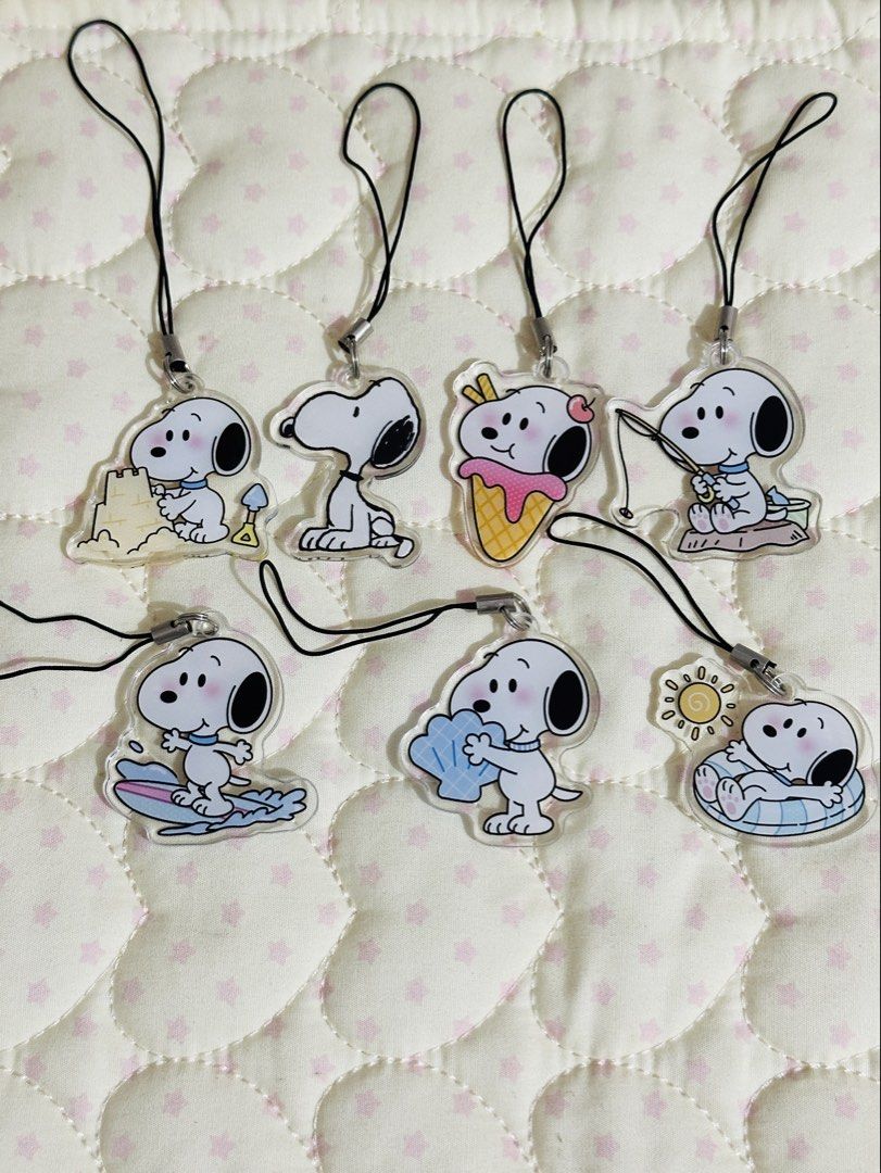 Snoopy Acrylic Phone Charms (Category: Character Goods) located in Cainta. Submitted by pomocha (Listing ID 1465189597, Image 1). Description: Everything ₱20 each AVAILABLE: •Sandcastle snoopy •Sitting Snoopy •Ice cream snoopy •Fishing Snoopy •Surfing snoopy •Sea Shell Snoopy •Floatie Snoopy.