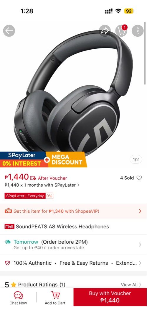 SoundPEATS A8 Wireless Headphones (Category: Headphones & Headsets) located in Taguig. Submitted by favefinds11 (Listing ID 1465223674, Image 3). Description: - Brand: SoundPEATS A8 Wireless Headphones - Color: Sleek Black - Type: Over-ear design with ultra-soft cushions and clear L/R markings - Condition: Brand new in original box, still wrapped in plastic - Features: Active Noise Cancellation (ANC) and premium sound quality - Perfect for: Daily