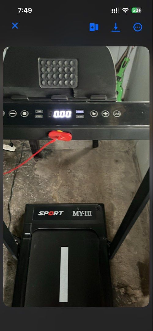 SPORT MY-III Treadmill Folding Running Machine (Category: Cardio & Fitness Machines) located in Manila. Submitted by potchi_1207 (Listing ID 1465176705, Image 2). Description: - Model: SPORT MY-III Motorized Treadmill - Color: Sleek black with a clean running belt - Display: Bright LED digital screen tracking time and speed - Safety: Includes red safety key lanyard - Controls: Foldable side handles with built-in control buttons - Condition: Power