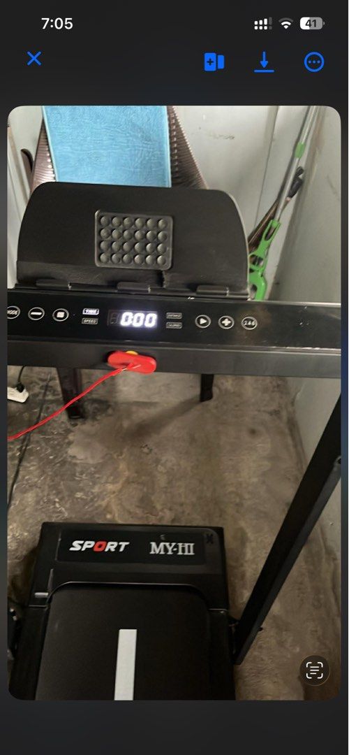SPORT MY-III Treadmill Folding Running Machine (Category: Cardio & Fitness Machines) located in Manila. Submitted by potchi_1207 (Listing ID 1465176705, Image 3). Description: - Model: SPORT MY-III Motorized Treadmill - Color: Sleek black with a clean running belt - Display: Bright LED digital screen tracking time and speed - Safety: Includes red safety key lanyard - Controls: Foldable side handles with built-in control buttons - Condition: Power