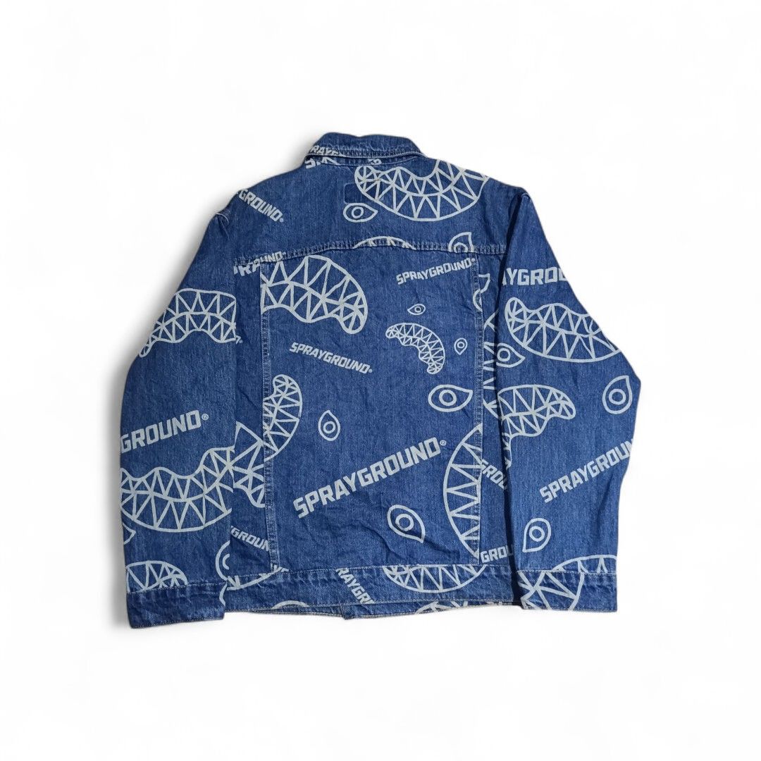 Sprayground Limited Edition AOP Denim Jacket | Blue (Category: Coats, Jackets and Outerwear) located in Aliaga. Submitted by thriftkeizieee (Listing ID 1465170766, Image 2). Description: L:28.5 W:22 minimal issue: last picture❤️ DM ME IF INTERESTED.