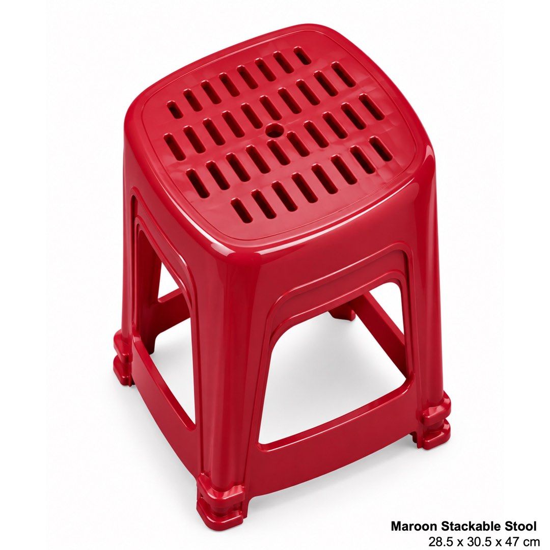 Stackable Plastic Stool Red Maroon (Category: Chairs) located in Singapore. Submitted by bellaireng (Listing ID 1465232376, Image 3). Description: - Color: Red and maroon - Material: Heavy-duty plastic with secure footing - Shapes: Square (30 x 30 x 49 cm) & Round (28.5 x 30.5 x 47 cm) top options - Features: Ventilation slots and center finger holes for easy carrying - Storage: Easily stackable for space-saving - Ideal for: Kitchens, offices, an