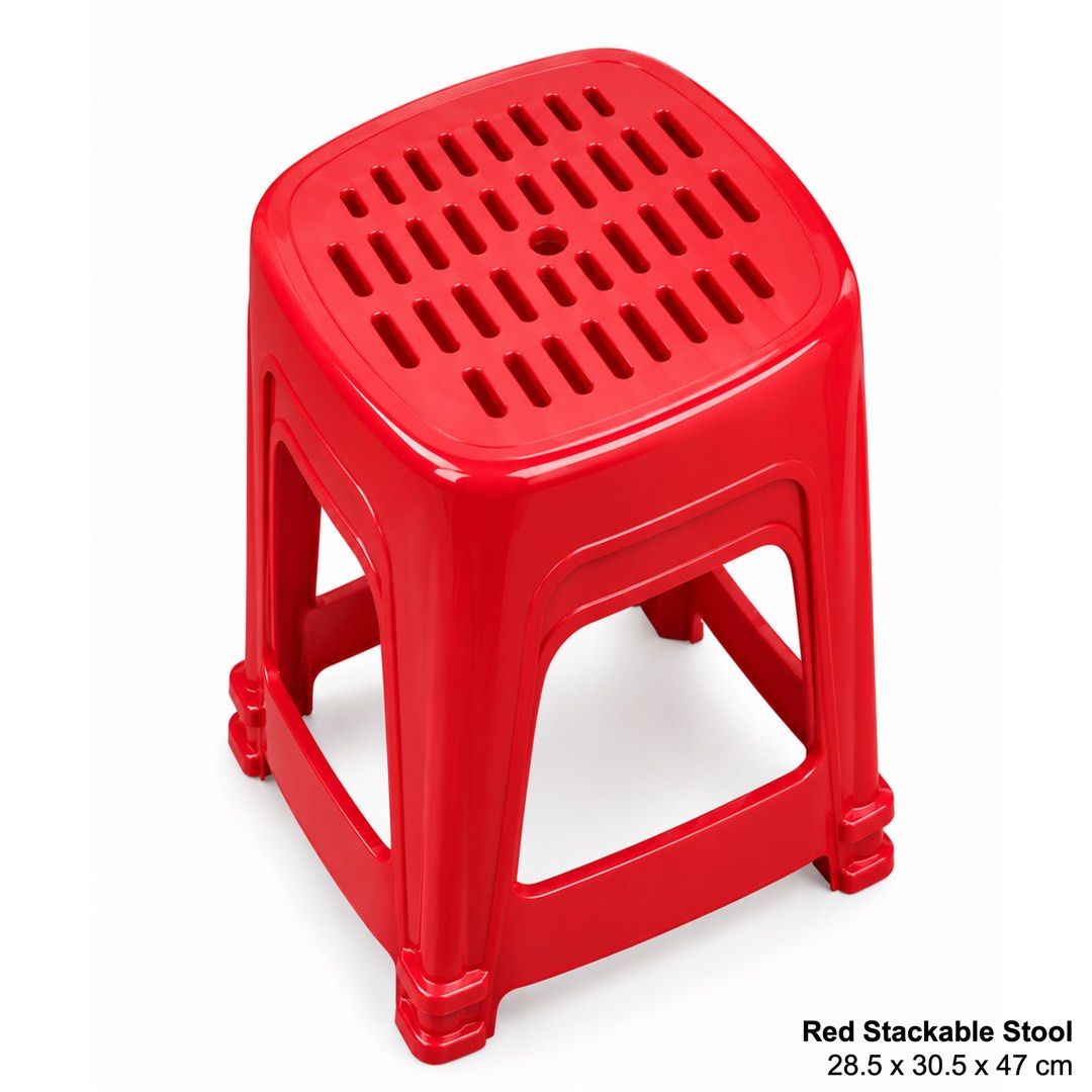 Stackable Plastic Stool Red Maroon (Category: Chairs) located in Singapore. Submitted by bellaireng (Listing ID 1465232376, Image 2). Description: - Color: Red and maroon - Material: Heavy-duty plastic with secure footing - Shapes: Square (30 x 30 x 49 cm) & Round (28.5 x 30.5 x 47 cm) top options - Features: Ventilation slots and center finger holes for easy carrying - Storage: Easily stackable for space-saving - Ideal for: Kitchens, offices, an