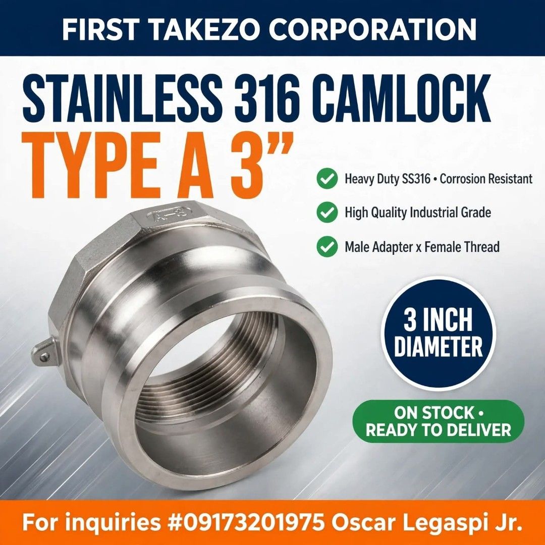 STAINLESS 316 CAMLOCK (Category: Construction Tools & Equipment) located in Imus. Submitted by oscarlegaspi92 (Listing ID 1465174999, Image 1). Description: STAINLESS 316 CAMLOCK Specs: TYPE A 3" Price: 1,394.
