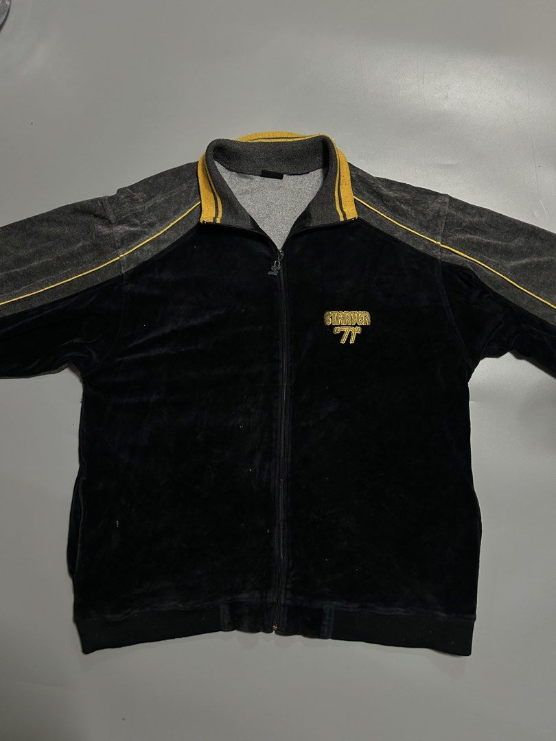 Starter y2k track jacket (Category: Hoodies) located in Trece Martires City. Submitted by flip_flips (Listing ID 1465338291, Image 1). Description: Starter y2k track jacket -Dimes: 24 width 29 length -Good condition -9.5/10 color rate -issue: pin hole.