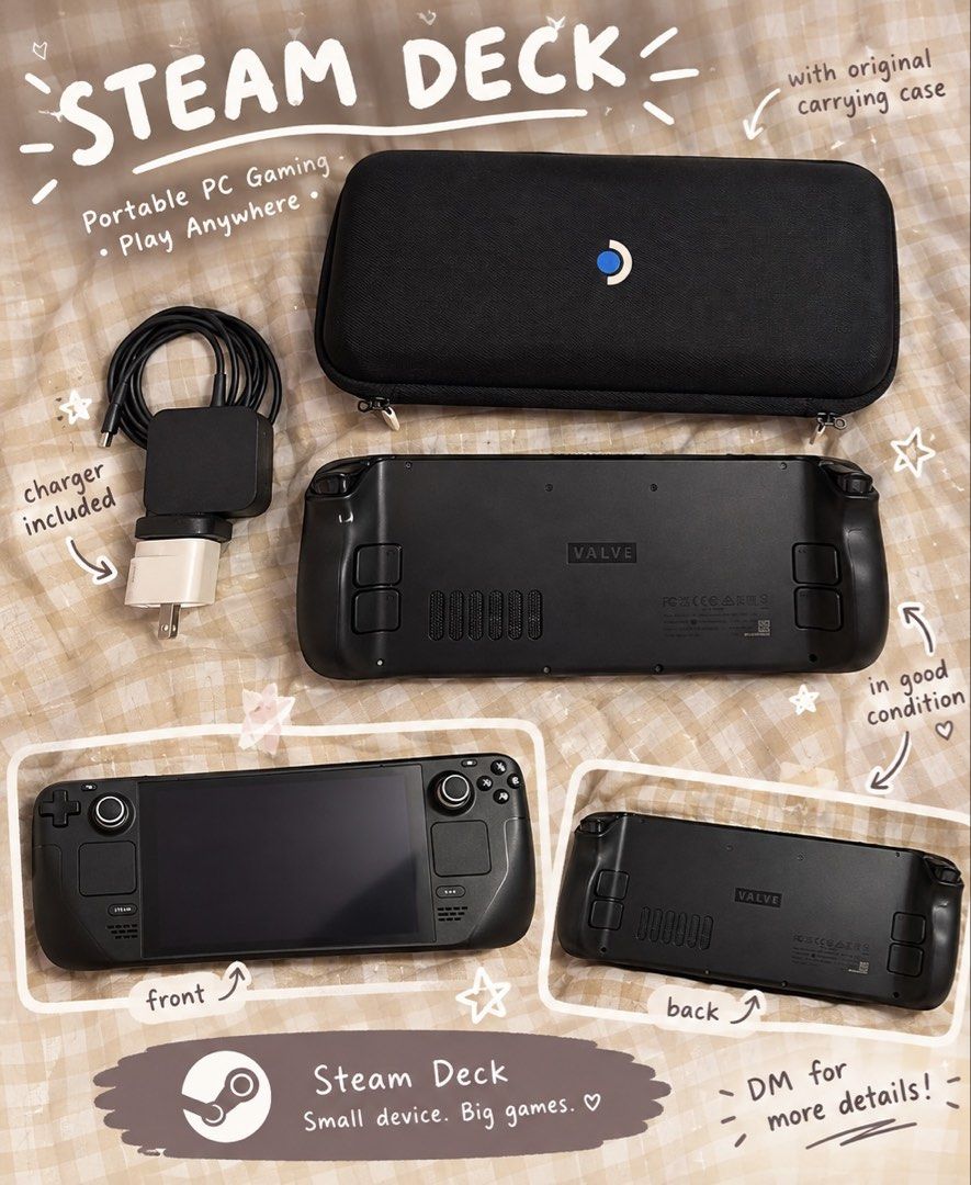 STEAM DECK 256gb LCD (Category: Others) located in Cavite. Submitted by anya16 (Listing ID 1465285842, Image 1). Description: 🎮 STEAM DECK 256GB — FOR SALE! ✨ Pristine condition 🔋 97% Battery Health 🎒 Case included 🎮 Steam Deck unit 🔌 Charger + adaptor 📍 Cavite 🏷️ ₱20,000 — negotiable.