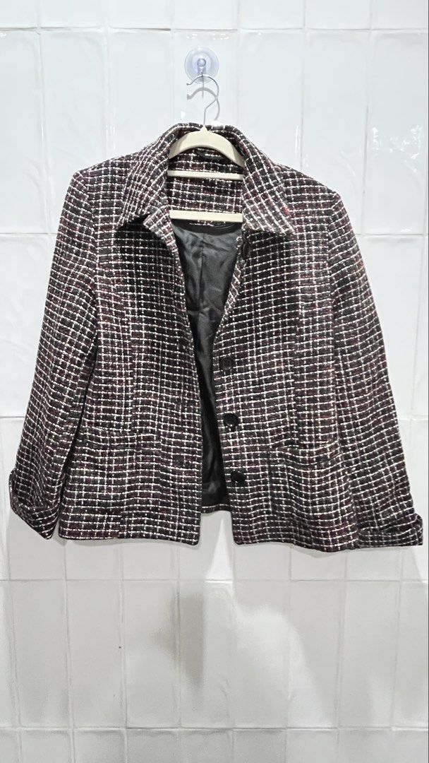 Steilmann Tweed Jacket/Blazer Plaid (Category: Coats, Jackets and Outerwear) located in Pasig City. Submitted by tylernchloe (Listing ID 1465313958, Image 1). Description: - Brand: Steilmann - Style: Classic tweed jacket with button-up front and lapel collar - Pattern: Black, white, and red plaid - Material: 50% acrylic, 27% polyester, 18% wool (fully lined) - Size: GB/AUS 12, US/CA 8, D/NL 38.