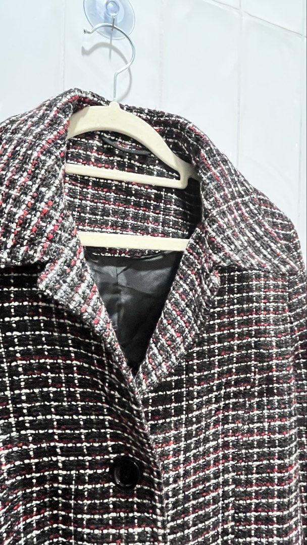 Steilmann Tweed Jacket/Blazer Plaid (Category: Coats, Jackets and Outerwear) located in Pasig City. Submitted by tylernchloe (Listing ID 1465313958, Image 3). Description: - Brand: Steilmann - Style: Classic tweed jacket with button-up front and lapel collar - Pattern: Black, white, and red plaid - Material: 50% acrylic, 27% polyester, 18% wool (fully lined) - Size: GB/AUS 12, US/CA 8, D/NL 38.