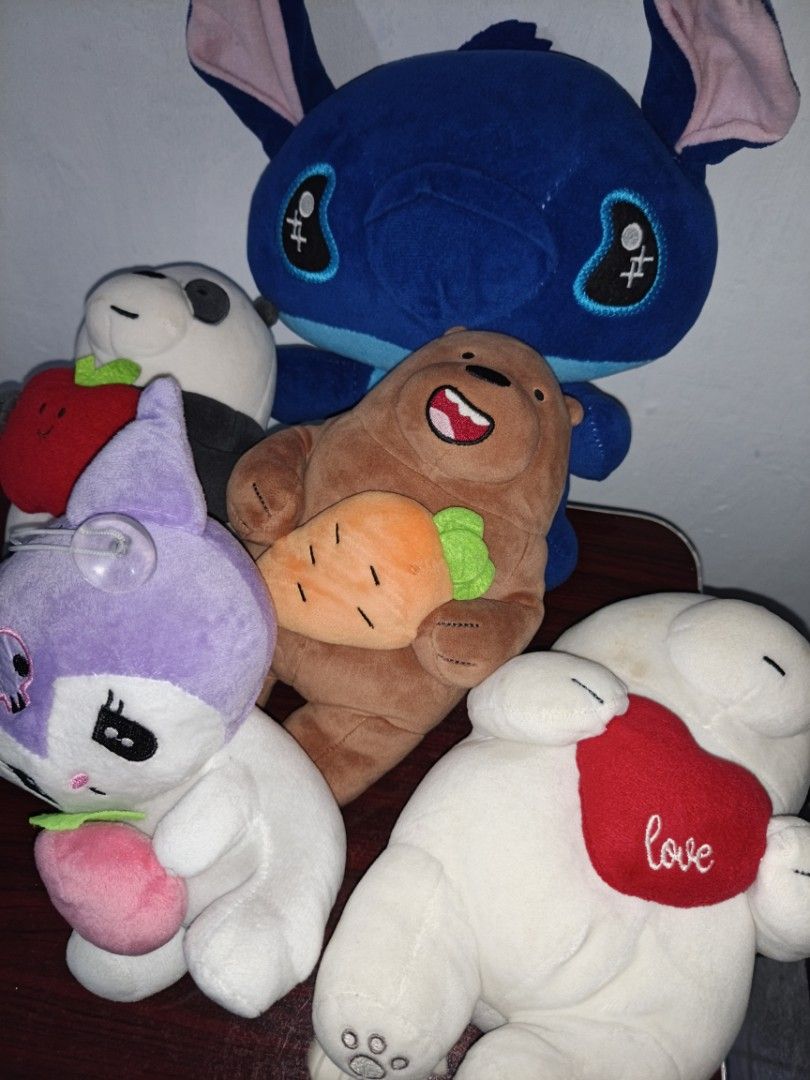 Stitch, Kuromi and We Bare Bears Plush Bundle Collection (Category: Plushies & Soft Toys) located in Paranaque City. Submitted by bdlgy (Listing ID 1465323819, Image 1). Description: - Bundle includes: Stitch, Kuromi, Grizzly (with carrot), Ice Bear (with heart), Panda - Material: Ultra-soft, fluffy, and cuddly - Variety of bright colors and sizes - Selling as a complete set only - Ideal for plush collectors or as a gift.