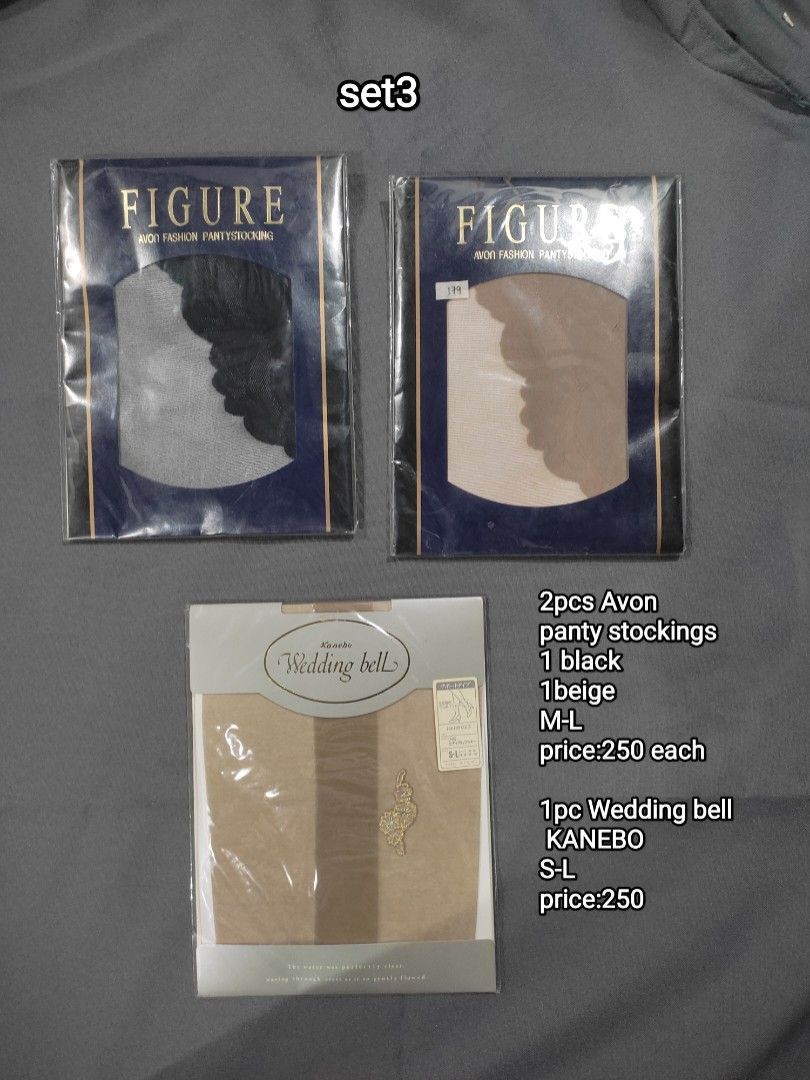 Stockings 6sets (Category: Undergarments & Loungewear) located in Cainta. Submitted by allauthenticbymj (Listing ID 1465285135, Image 3). Description: **set 1 panty stockings Bill blass -M- (200) Kanebo S-L (200) Fukusuke Cotton S-L (200) Ceciline S-L (150) **Set2 panty stockings 2pcs Charle Large 1pc Multi type S-L 200 each or get 3 for 500 **set3 panty stocking 2pcs Avon Figure M-L 1 black/1 beige (250 each) 1pc Kanebo S-L (250) **Set4 panty st