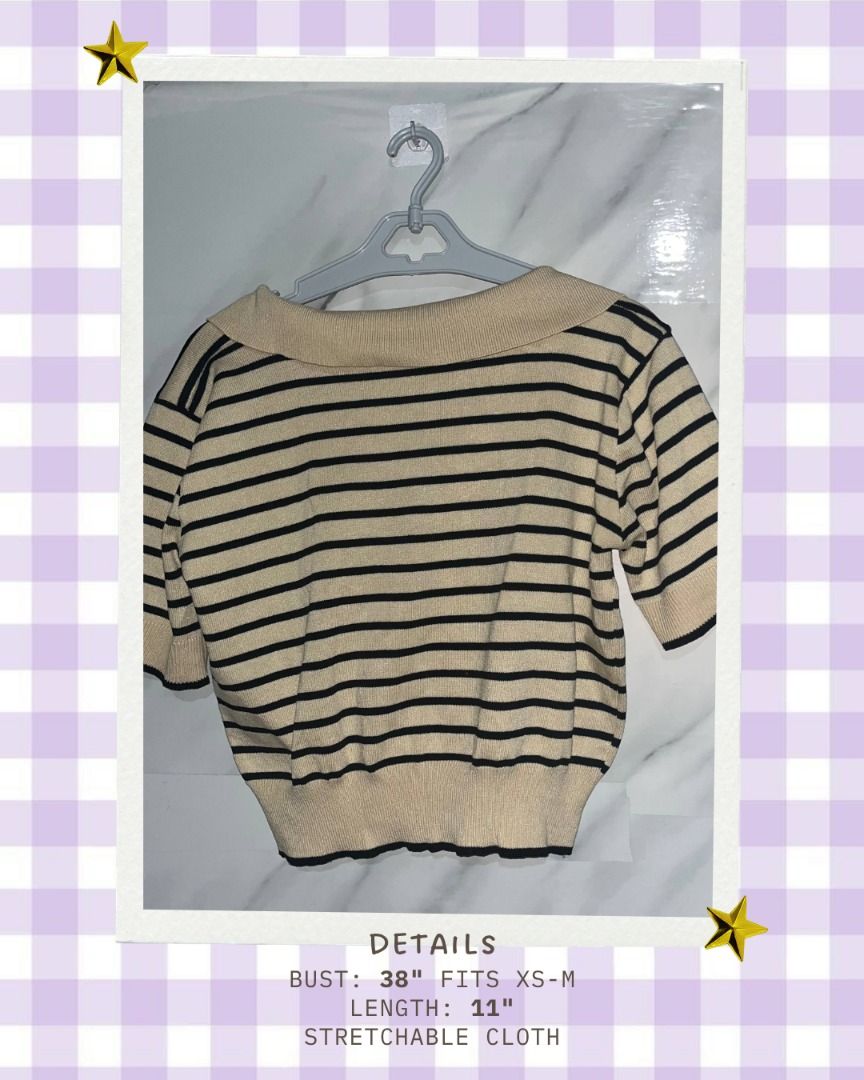 Striped Shirt With Collar PLEASE READ 3RD PHOTO (Category: Shirts) located in Quezon City. Submitted by memoriies (Listing ID 1465276827, Image 2). Description: - Design: Black and beige horizontal stripes with a collared V-neck - Fit: Fits sizes XS to M (Bust: 38 inches, Length: 11 inches) - Material: Super comfy, stretchable knit cloth - Features: Short sleeves and ribbed hem - Styling: Perfect to pair with jeans or skirts.