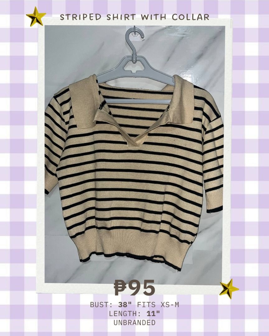 Striped Shirt With Collar PLEASE READ 3RD PHOTO (Category: Shirts) located in Quezon City. Submitted by memoriies (Listing ID 1465276827, Image 1). Description: - Design: Black and beige horizontal stripes with a collared V-neck - Fit: Fits sizes XS to M (Bust: 38 inches, Length: 11 inches) - Material: Super comfy, stretchable knit cloth - Features: Short sleeves and ribbed hem - Styling: Perfect to pair with jeans or skirts.
