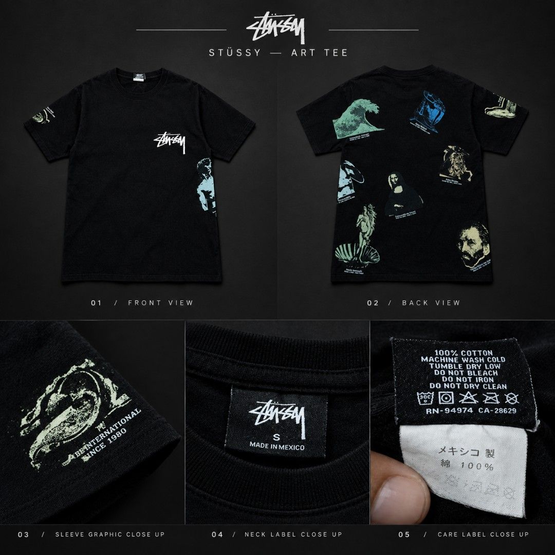 Stüssy Art Tee Black Size S (Category: Tshirts & Polo Shirts ) located in Iloilo. Submitted by janillthrifted (Listing ID 1465313606, Image 1). Description: - Brand: Stüssy - Item: Art Graphic Tee - Color: Black - Size: Small - Material: 100% Cotton (Made in Mexico) - Design details: Small chest logo, lower hem graphic, back art masterpiece collage, and sleeve text print - Condition: Clean, ready for the rotation - Shipping or meet-ups available 