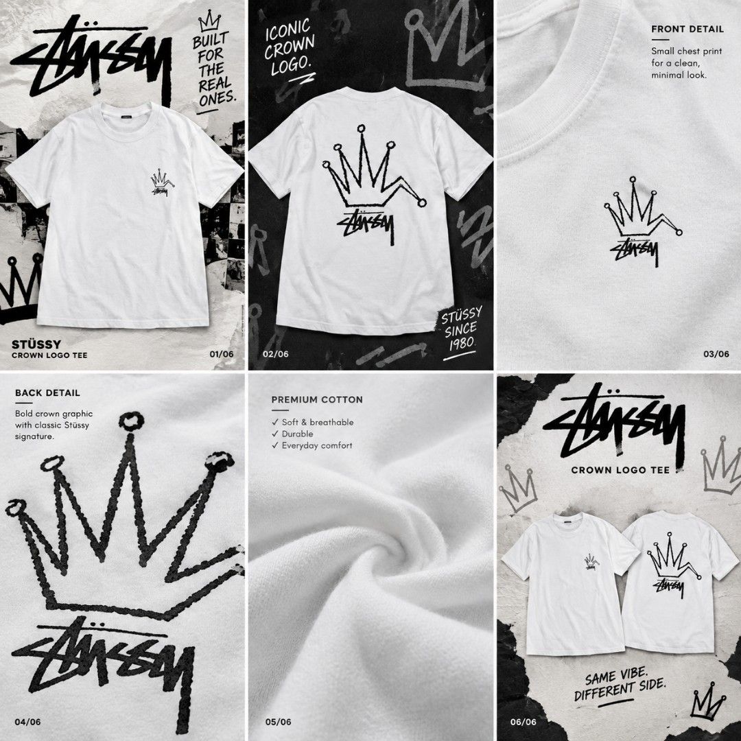 Stüssy Crown Logo White Tee (Category: Tshirts & Polo Shirts ) located in Iloilo. Submitted by janillthrifted (Listing ID 1465313567, Image 1). Description: - Authentic Stüssy white t-shirt - Small crown logo on front chest - Large bold crown graphic and classic signature on the back - Soft and breathable 100% cotton material - Standard fit with short sleeves and crew neck - Versatile streetwear piece, easy to pair with jeans or shorts.