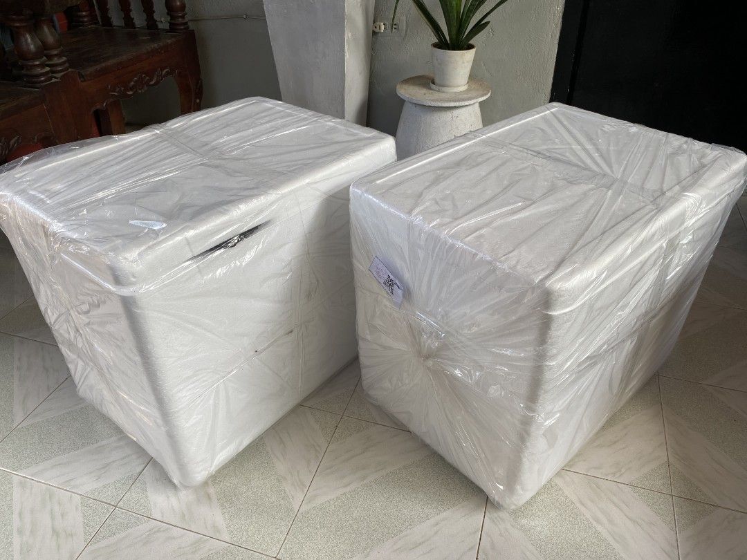 Styrofoam Ice Box Container 57x37x42cm (Category: Food Organization & Storage) located in Batangas. Submitted by webzvill (Listing ID 1465228512, Image 1). Description: - Quantity: 2 white styrofoam boxes (still wrapped in plastic) - Dimensions: 57 cm x 37 cm x 42 cm (Diagonal: 69 cm) - Condition: Clean and unused - Best for: Keeping items cold during transport, storage, and packing shipments - Fulfillment: Ready for pickup or delivery - 300 peso