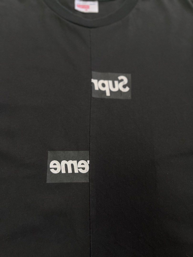Supreme Comme des Garcons SHIRT Split Box Logo Tee (Category: Tshirts & Polo Shirts ) located in Manila. Submitted by dailygetup (Listing ID 1465329670, Image 2). Description: - Brand: Supreme x Comme des Garcons SHIRT - Item: Split Box Logo Tee - Color: Black - Size: Medium - Origin: Made in Portugal - Condition: Good, with a minor stain near the bottom front hem (tags intact) - Details: Classic crew neck, short sleeves, iconic split box logo.