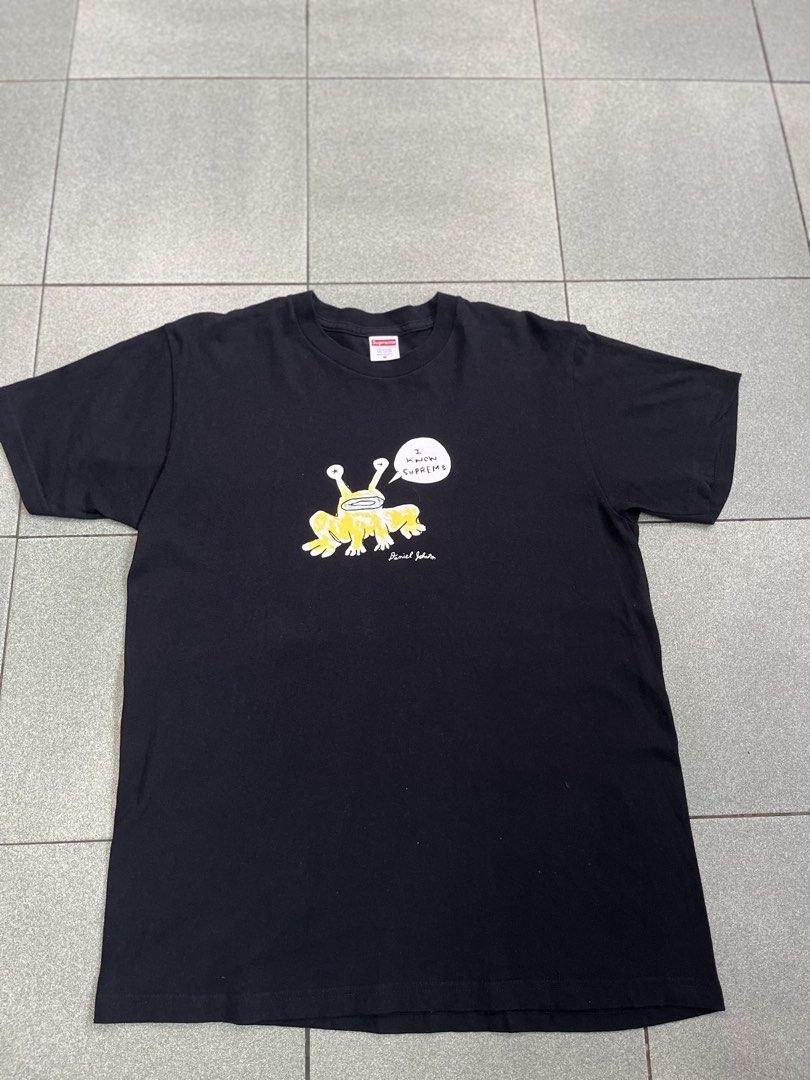 Supreme Daniel Johnston Frog Tee Black Size M (Category: Tshirts & Polo Shirts ) located in Manila. Submitted by dailygetup (Listing ID 1465329866, Image 1). Description: - Brand: Supreme - Style: Daniel Johnston Frog Tee - Color: Black - Size: Medium - Material: 100% Pre-shrunk cotton, Made in U.S.A. - Features: Front graphic print with 'I Know Supreme' speech bubble and artist signature - Shipping: Fast nationwide shipping or meetup available.