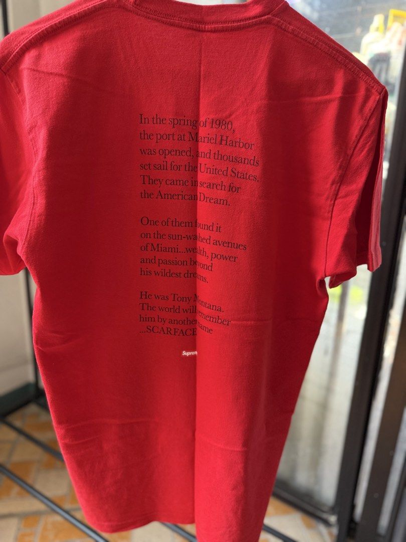 Supreme Scarface Split Tee Red Medium (Category: Tshirts & Polo Shirts ) located in Manila. Submitted by soleforthegods (Listing ID 1465343863, Image 2). Description: Supreme x scarface split tee Size M No issues 2k Tondo/ermita.