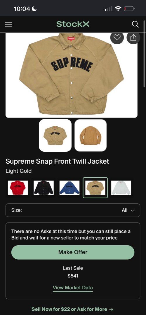 Supreme Snap Front Twill Jacket FW 2018 (Category: Coats, Jackets and Outerwear) located in Pasig City. Submitted by yel0821 (Listing ID 1465323182, Image 3). Description: Supreme Snap Front Twill Jacket FW 2018 - Market value goes from ₱21,000 all the way to ₱33,000 Size: Medium (boxy fit) Length: 26-27” Width: 24” Condition: 10/10 Issues: None .