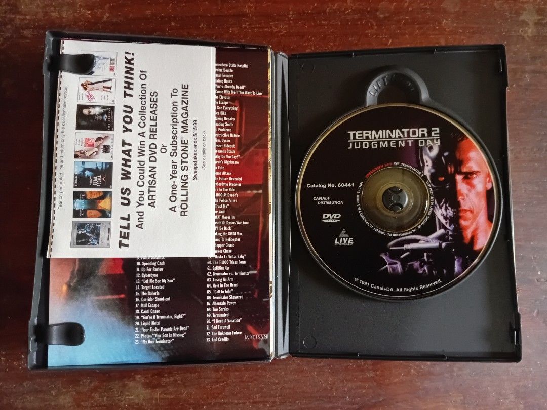 Terminator 2 Judgment Day Artisan DVD (Category: CDs & DVDs) located in Don Carlos. Submitted by aspect_ratio (Listing ID 1465174106, Image 3). Description: - Title: Terminator 2: Judgment Day - Format: DVD (Widescreen Edition, Artisan Home Entertainment Release) - Starring: Arnold Schwarzenegger - Inclusions: Special features, chapter insert, and promotional inserts - Condition: Disc and case are in solid condition, plays great.