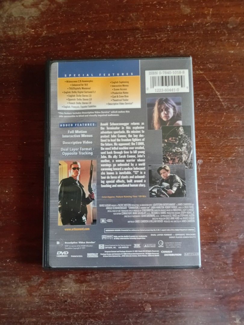 Terminator 2 Judgment Day Artisan DVD (Category: CDs & DVDs) located in Don Carlos. Submitted by aspect_ratio (Listing ID 1465174106, Image 2). Description: - Title: Terminator 2: Judgment Day - Format: DVD (Widescreen Edition, Artisan Home Entertainment Release) - Starring: Arnold Schwarzenegger - Inclusions: Special features, chapter insert, and promotional inserts - Condition: Disc and case are in solid condition, plays great.