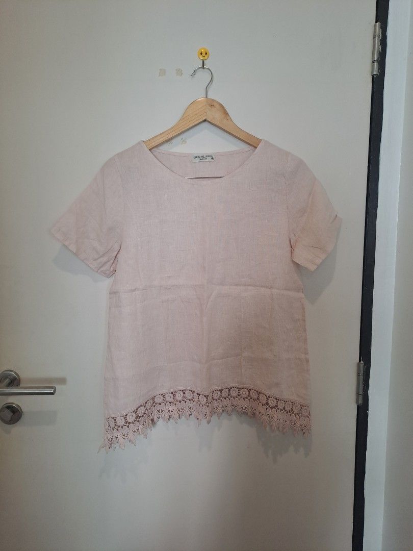 Terzo millennio 100%linen (Category: Blouses) located in Manila. Submitted by joanbalde39643 (Listing ID 1465244810, Image 1). Description: This item is a light pink 100% linen TERZO MILENNIO short-sleeve top featuring a prominent, decorative floral crochet lace hem. made in ITALY.