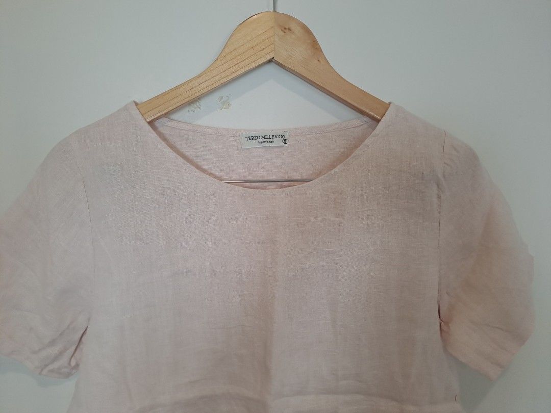 Terzo millennio 100%linen (Category: Blouses) located in Manila. Submitted by joanbalde39643 (Listing ID 1465244810, Image 2). Description: This item is a light pink 100% linen TERZO MILENNIO short-sleeve top featuring a prominent, decorative floral crochet lace hem. made in ITALY.