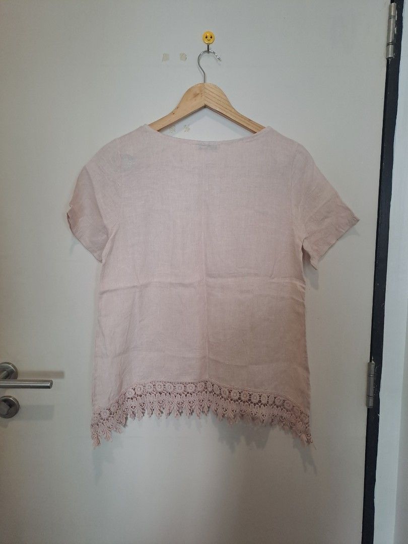 Terzo millennio 100%linen (Category: Blouses) located in Manila. Submitted by joanbalde39643 (Listing ID 1465244810, Image 3). Description: This item is a light pink 100% linen TERZO MILENNIO short-sleeve top featuring a prominent, decorative floral crochet lace hem. made in ITALY.