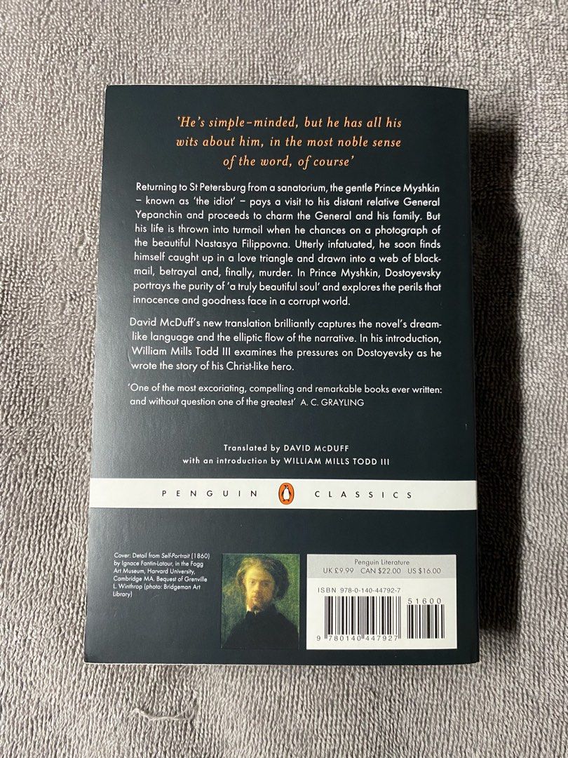 The Idiot by Fyodor Dostoyevsky Penguin Classics (Category: Storybooks) located in Manila. Submitted by prince_seere (Listing ID 1465237506, Image 2). Description: - Title: The Idiot by Fyodor Dostoyevsky - Edition: Penguin Classics paperback with classic portrait cover - Condition: Great, clean pages, solid spine, and zero markings inside - Ideal for: Literature fans and building a classic book collection.