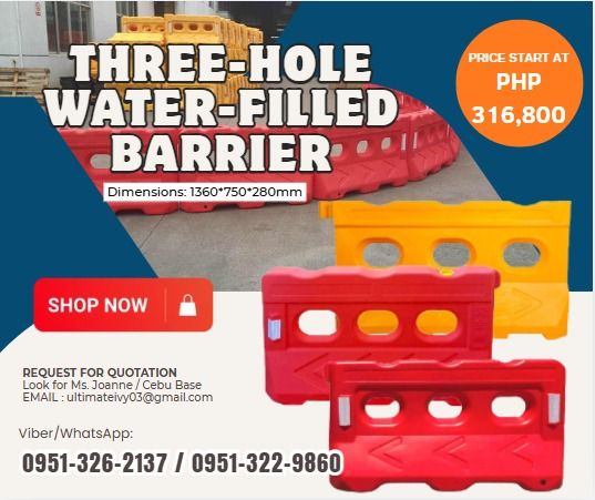 Three-hole water-filled barrier 50pcs (Category: Home Improvement Tools & Accessories) located in Caloocan City. Submitted by jayvanntag48794 (Listing ID 1465198419, Image 1). Description: Material: HDPE Dimensions: 1360*750*280mm 5kg, new material Without logo MOQ- 50pcs ✅ 100% LEGIT TRUSTED SUPPLIER! ✅ With Complete Legal Documents ✅ BIR Registered 📝Please note: Available by PRE-ORDER ONLY . Pickup preferred at our warehouse upon arrival Shipp