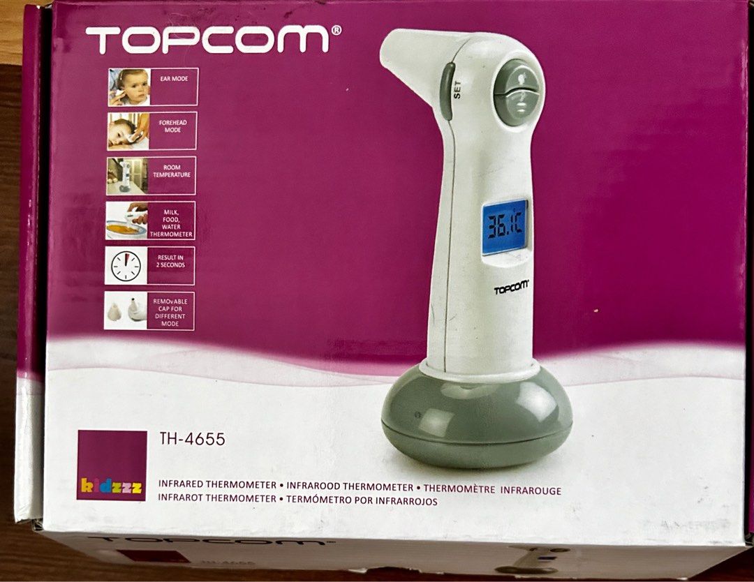 Topcom Kidzzz Infrared Thermometer TH-4655 (Category: Thermometers) located in Pasig City. Submitted by royalregistry (Listing ID 1465264581, Image 2). Description: - Model: Topcom Kidzzz TH-4655 - 4-in-1 measurement: Ear, forehead, room, and milk/food/water temperature - Fast results in just 2 seconds with built-in fever alarm - Includes removable cap for easy mode switching - Complete with base stand -battery not included.