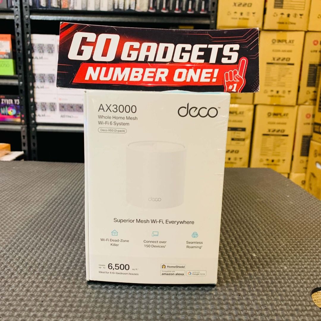 TP-Link Deco X50 AX3000 Whole Home Mesh WiFi 6 3PACK (Category: Networking) located in Pasay City. Submitted by eckang12 (Listing ID 1465190821, Image 1). Description: Key Features - 📶 AX3000 Wi-Fi 6 — faster and more efficient wireless performance - 🚀 Up to 3.0 Gbps Wi-Fi speed - 🏠 Up to 6,500 ft² coverage with 3-pack - 🔄 Seamless Mesh Roaming — one network throughout the home - 🤖 AI-Driven Mesh — optimizes the network based on your environ