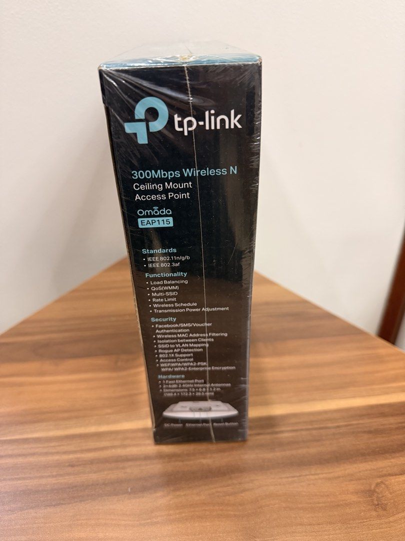 TP-Link Omada EAP115 300Mbps Wireless N Ceiling Mount Access Point (Category: Networking) located in Caloocan City. Submitted by risnozaral65174 (Listing ID 1465221486, Image 3). Description: - Brand new & sealed: Still wrapped in original plastic packaging - Speed: 300Mbps Wireless-N performance - Power: Supports 802.3af PoE for easy installation - Management: Centralized cloud management via Omada - Features: Includes captive portal for secure 