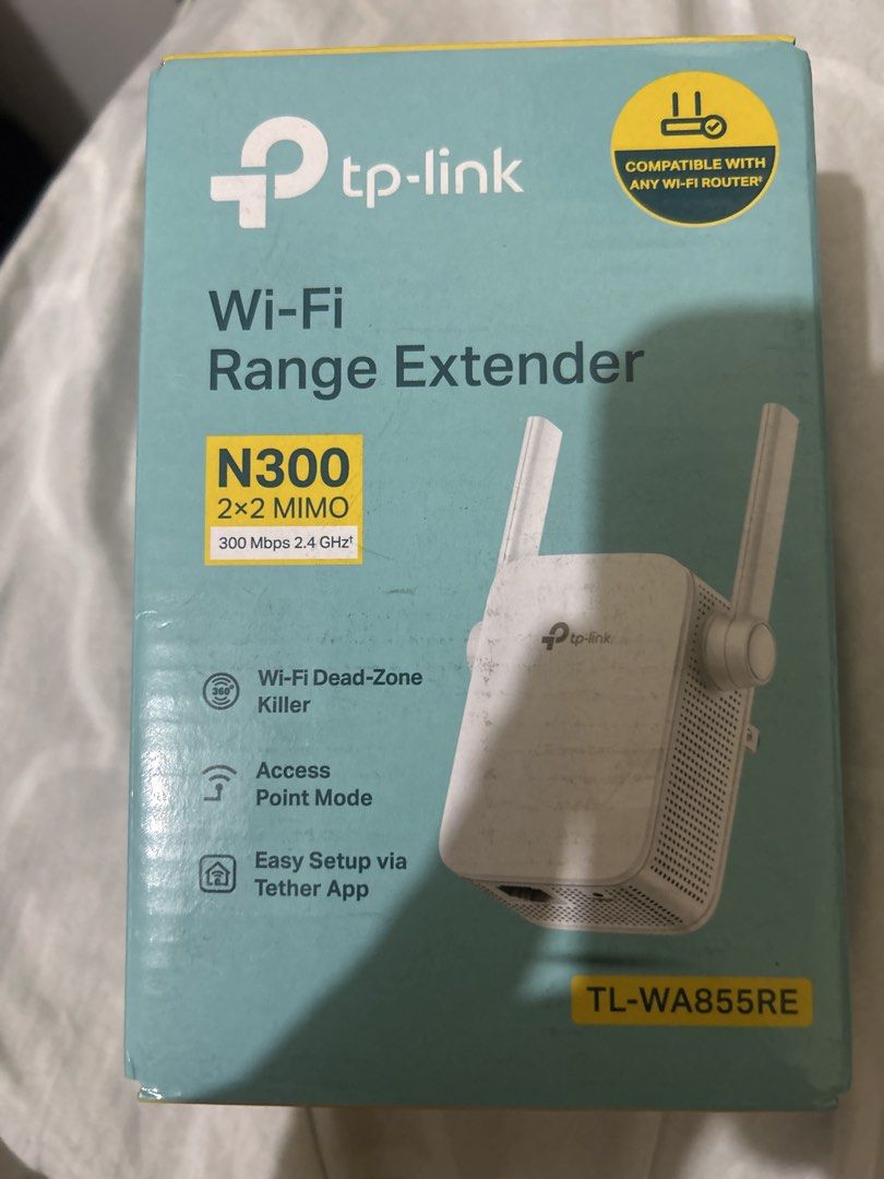 TP-Link TL-WA855RE N300 Wi-Fi Range Extender (Category: Networking) located in Manila. Submitted by neiljacob (Listing ID 1465298684, Image 1). Description: - Model: TP-Link N300 (TL-WA855RE) - Extends Wi-Fi coverage and eliminates dead zones - Dual external antennas for a stronger, more stable connection - Quick and easy setup using the Tether mobile app - Features Access Point mode for added versatility - Universally compatible with any standar