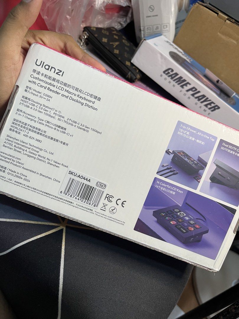 Ulanzi D200H Customizable LCD Macro Keyboard Docking Station (Category: Computer Keyboard) located in Manila. Submitted by abbigail029. (Listing ID 1465199982, Image 2). Description: - Brand new, factory-boxed Ulanzi D200H macro keyboard - Features 14 customizable, colorful LCD keys - Built-in 7-in-1 docking station with card reader - Ports: USB-C 3.0 Gen 1 (PD 100W), 2x USB-C 3.0, 2x USB-A 3.0, SD & TF card slots - Input: 5V 2A - Includes Type-C