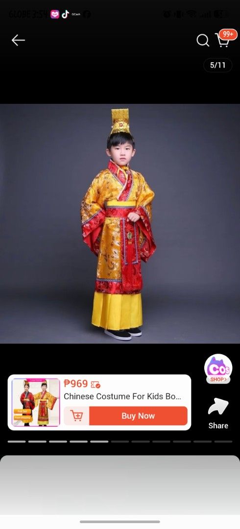 UN costume China (Category: Babies & Kids Fashion) located in Kawit. Submitted by angel85.bear (Listing ID 1465242387, Image 2). Description: - Vibrant yellow and red traditional Chinese emperor costume for kids - Ornate dragon patterns on the robe with stylish wide sleeves and layered skirt - Includes matching imperial crown hat featuring classic beaded fringe - Complete 3-piece set: robe, sash, and headpiece - Ideal for school plays United Nati