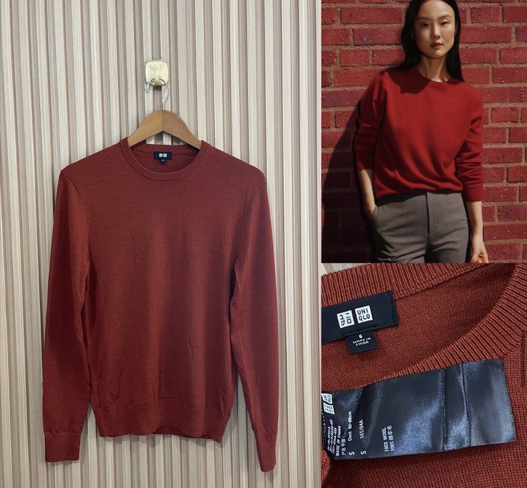Uniqlo Crew Neck Sweater Brick Red (Category: Longsleeves) located in Tuguegarao City. Submitted by closet_jz (Listing ID 1465380737, Image 1). Description: - Brand: Uniqlo - Style: Crew neck sweater / lightweight knit - Material: 100% extra fine merino wool - Color: Rich brick red - Size: S - Condition: Clean overall, great for layering in cooler weather.