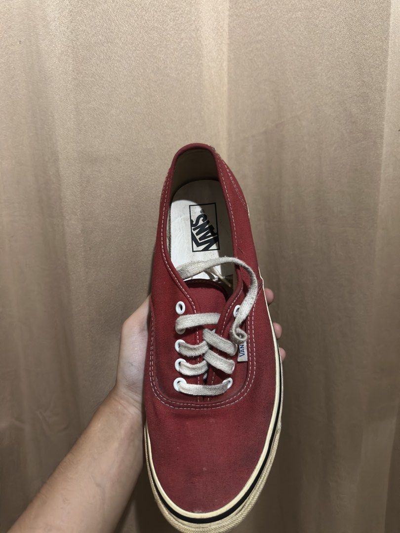 Vans Authentic Red Low-Top Sneakers (Category: Sneakers) located in Quezon City. Submitted by bebe0827 (Listing ID 1465300891, Image 2). Description: - Brand: Vans Authentic - Color: Red canvas - Style: Classic low-top skater design - Details: White laces and metal eyelets - Condition: Clean uppers, with normal dirt and wear on the waffle rubber midsoles - Sizing: Standard sizing.