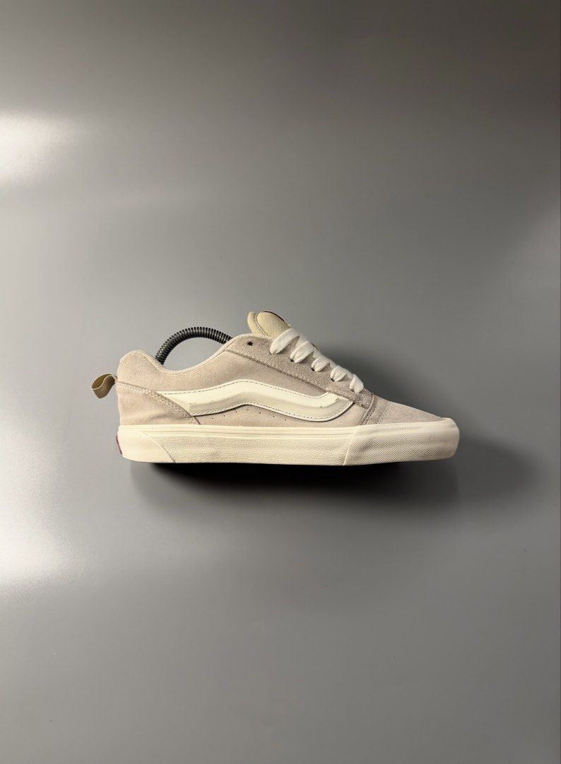 Vans KNU Old Skool Beige Suede Sneakers (Category: Sneakers) located in Caloocan City. Submitted by maempenafi21452 (Listing ID 1465282877, Image 2). Description: - Brand/Model: Vans Low-Top Sneakers - Material/Color: Beige suede with cream laces and side stripe - Size: US Men 8 / Women 9.5 - Soles: Signature waffle rubber with good traction - Condition: Minor wear on soles and uppers - Style: Classic casual skate shoes, easy to match with any ou