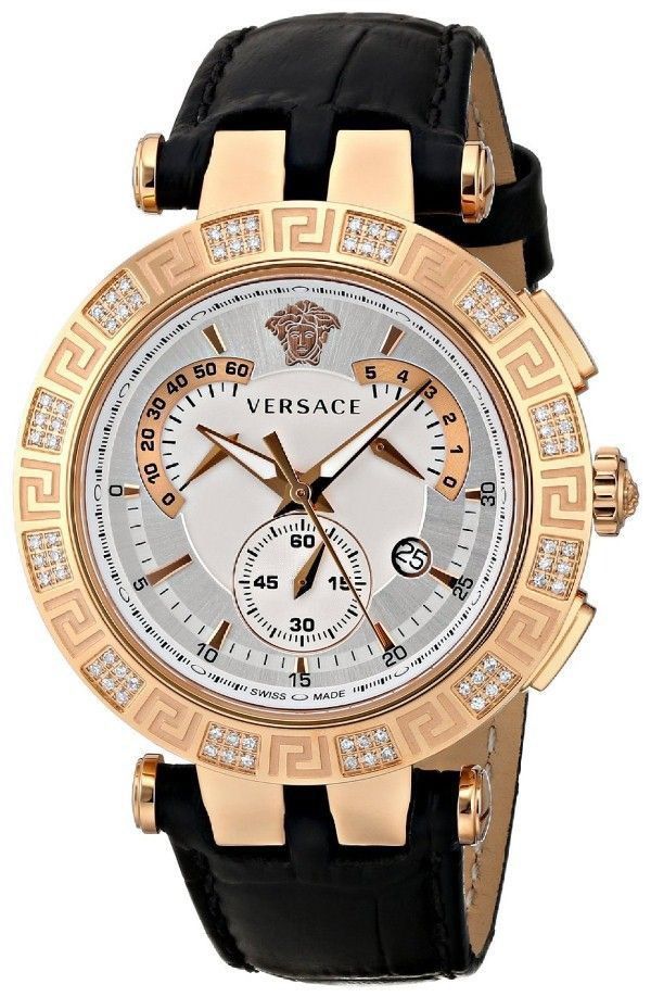 Versace V-Race Chronograph (Category: Luxury Accessories) located in Baguio. Submitted by fndrskprskid (Listing ID 1465252145, Image 1). Description: - Authentic Swiss-made Versace watch in working order - Sapphire Crystal - White and silver dial featuring chronograph subdials and date window - Iconic Medusa head logo at the 12 o'clock position - Genuine black leather strap with Versace-branded deployment clasp - 42MM Issue: Back strap lining - B