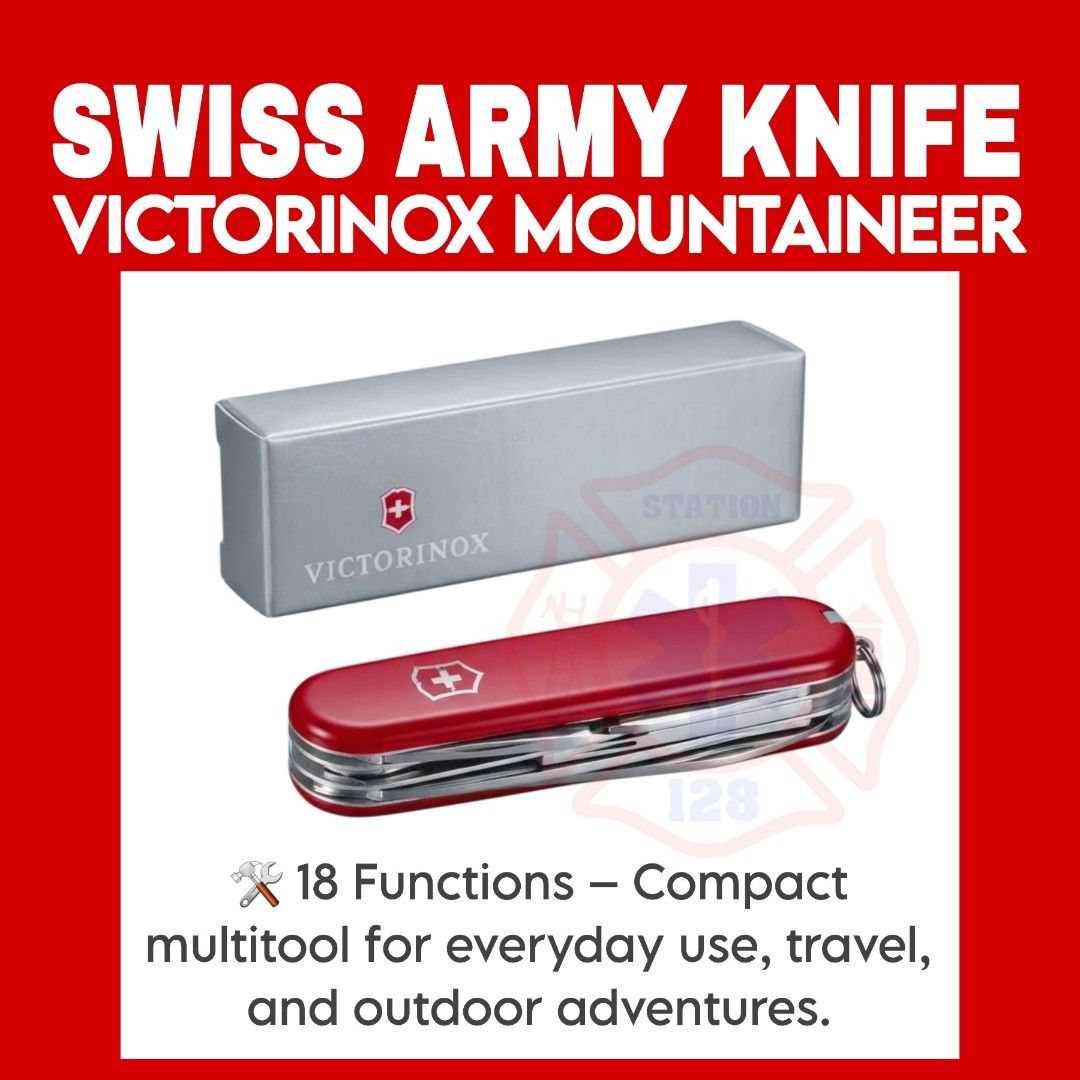 Victorinox Mountaineer Swiss Army Knife Red Multitool (Category: Hiking & Camping) located in Quezon City. Submitted by artegiftshop (Listing ID 1465215321, Image 1). Description: 🏔️ Victorinox Mountaineer Swiss Army Knife – Red 🔴 🛠️ 18 Functions – Compact multitool for everyday use, travel, and outdoor adventures. ✂️ Scissors & Nail File – Handy tools for quick tasks. 🔩 Metal Saw – Built for practical outdoor use. 🇨🇭 Swiss Made – Quality c
