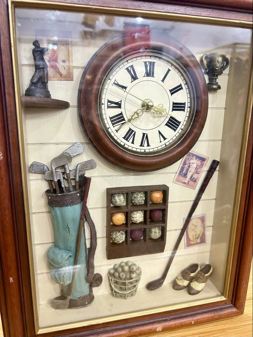 Vintage 3D Golf Shadow Box Wall Clock! (Category: Vintage Collectibles) located in Bustos. Submitted by gthings.collectibles (Listing ID 1465290376, Image 2). Description: Looking for the perfect piece para sa inyong man cave, office, o library? ⛳️🕰️ Yours at ₱1800 only !! For sale: Vintage 3D Golf Shadow Box Wall Clock! • Classic & Nostalgic Design: May detailed mini teal golf bag, vintage-patterned balls, miniature shoes, at historical golfer 
