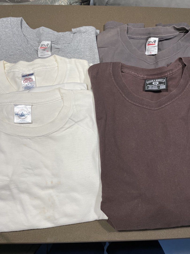 Vintage 90's 2000's blank shirts (Category: Tshirts & Polo Shirts ) located in Puerto Princesa. Submitted by lookmomicanbuy (Listing ID 1465310621, Image 1). Description: All in good condition ANVIL both Large JERZEES XL DELTA Large Steve and barrys XL ₱350 each Take all for ₱1,200.