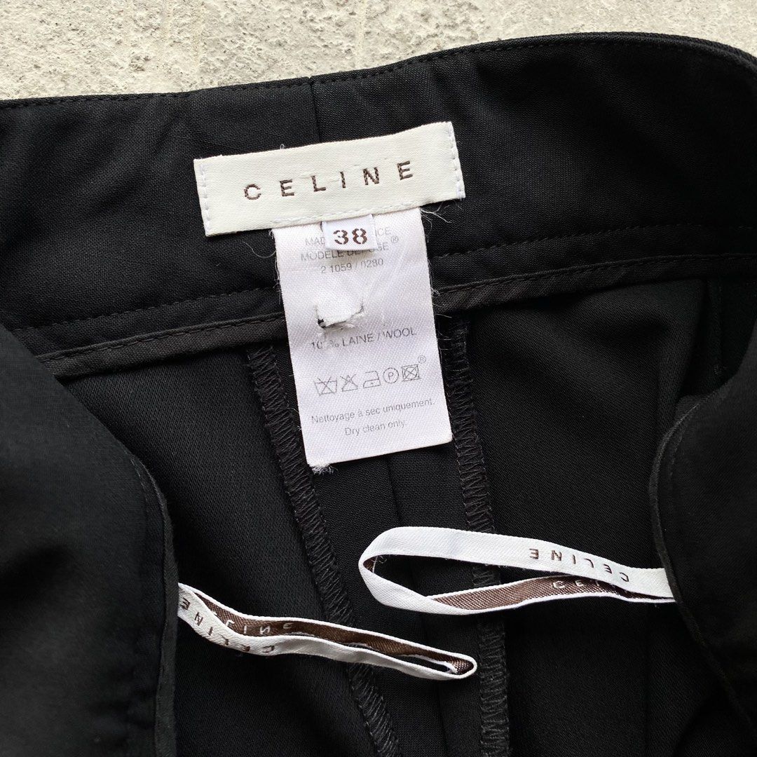 Vintage Celine Wool Trouser Pants (Category: Other Bottoms) located in Manila. Submitted by thrift3006 (Listing ID 1465299594, Image 1). Description: Vintage Celine Wool Trouser Pants - Size 38 on tag 30 inch waist 35 inch length 8 inch hem Issue small pinhole last pic ₱850+sf only🏷️ Loc baliwag bulacan 📍 Pm 📩.